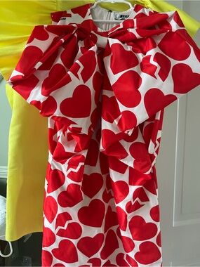 MSGM White Dress with Bold Red Heart Print and Oversized Bow